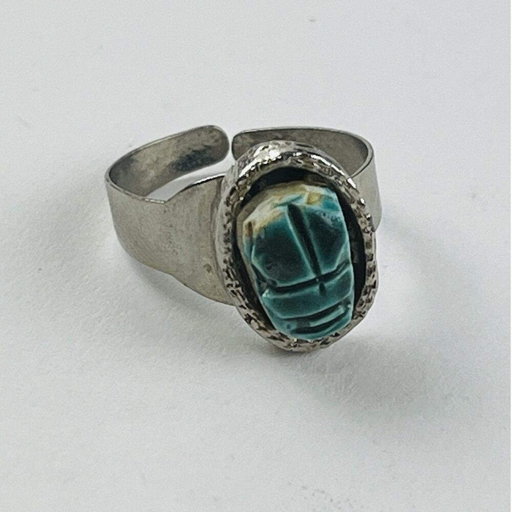 Scarab Silver Ring Egyptian Revival Estate Jewelry Blue Adjustable Bead Ethnic - Picture 3 of 13
